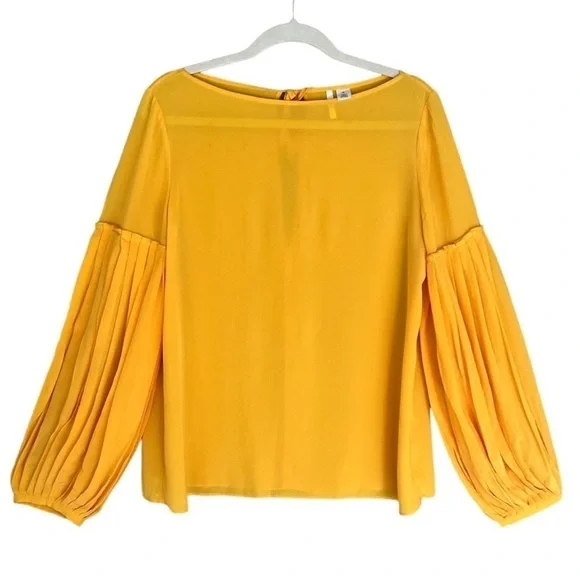 Lewit Silk Pleated Sleeve Blouse Yellow Keyhole Back Top M - Picture 4 of 10